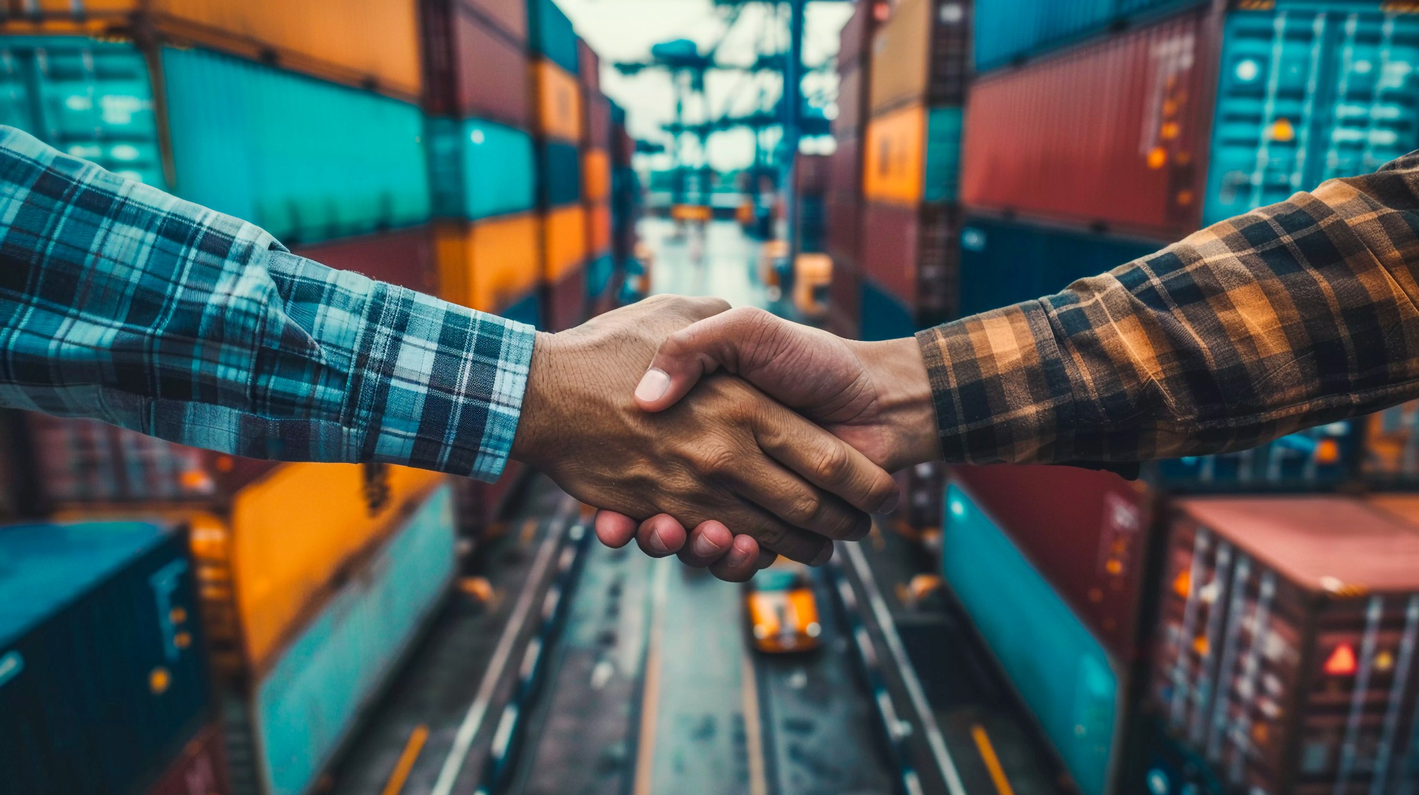Stretta di mano tra container, immagine del commercio internazionale